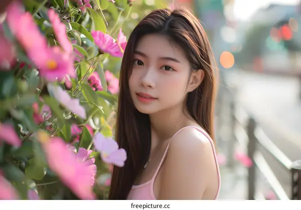Beautiful Asian Woman Portrait in Pink Flowers