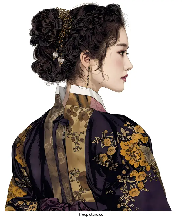 Elegant Asian Woman in Traditional Dress with Floral Pattern