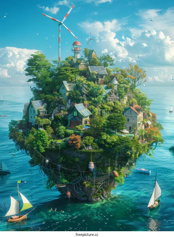 Fantasy Floating Island With Lush Green Vegetation And Rustic Houses