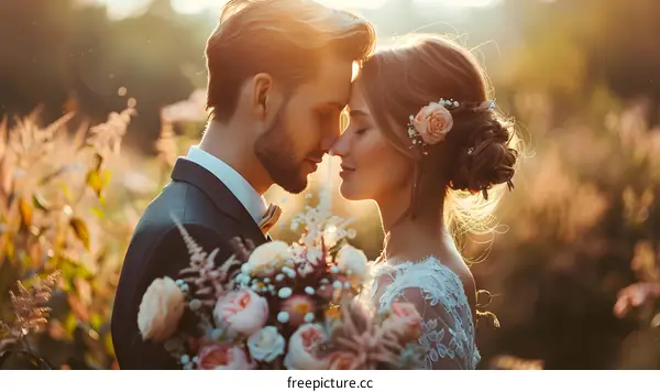 A beautiful bride and groom share a tender moment on their wedding day.