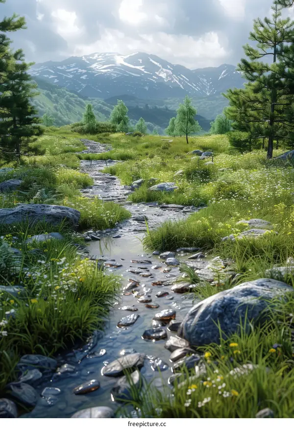 Small river meandering through a verdant valley with distant snow-capped peaks