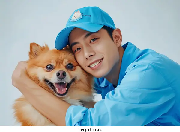 A smiling Asian man hugging a brown Pomeranian dog