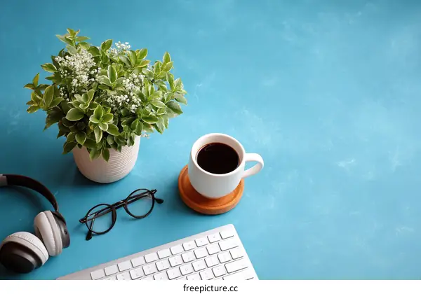 Modern Workspace with Coffee and Plants
