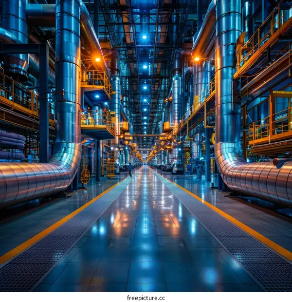 futuristic factory interior with blue lights and metal pipes