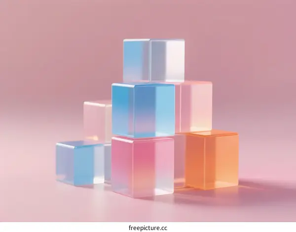 Colorful Transparent Cubes Arranged in Pyramid Formation on Pink Background