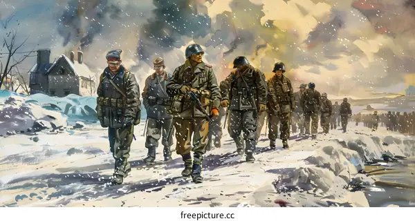 A group of soldiers walking through the snow in winter