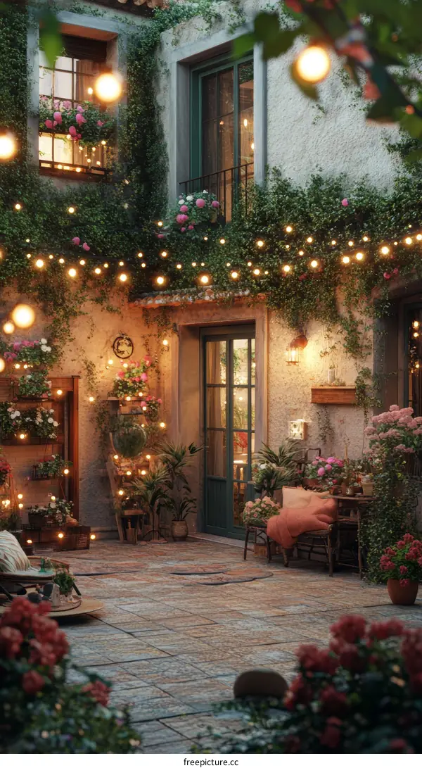 Romantic Courtyard Garden Decorated with String Lights
