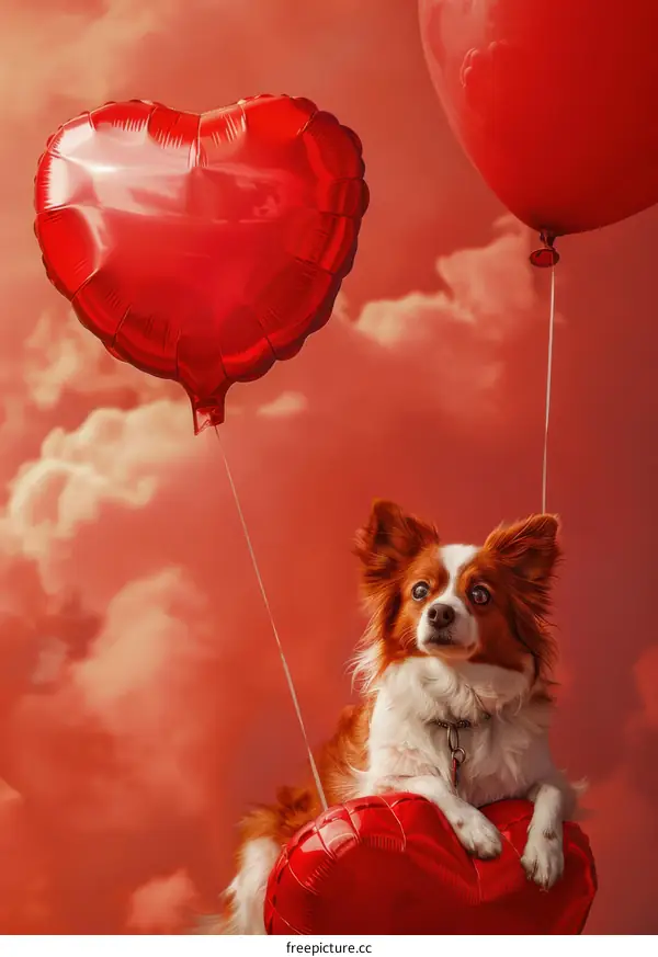 A cute dog floating in the sky with red heart-shaped balloons