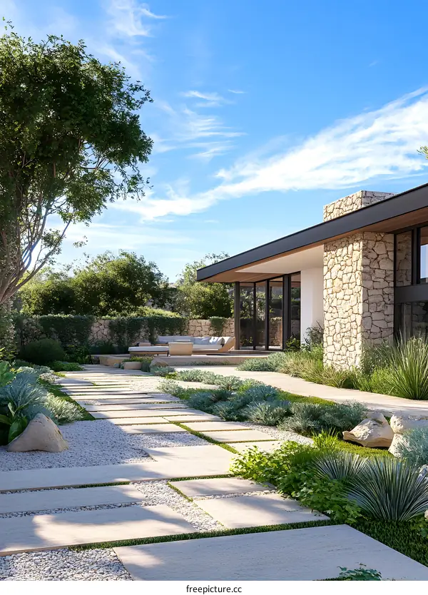 Modern House with Stone Wall and Pathway Leading to Patio