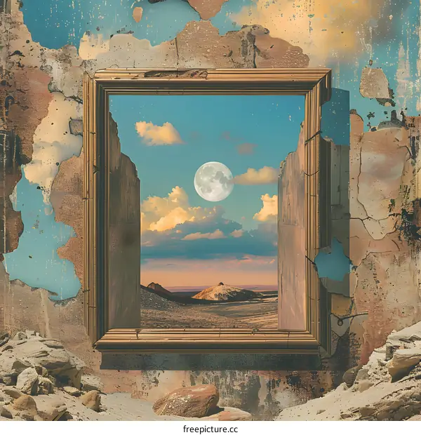 Broken Wall with Golden Frame Revealing a Desert Landscape Under a Full Moon