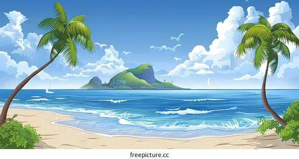 Tropical Beach with Palm Trees and Island