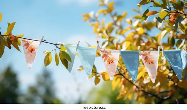 Colorful triangle flags hanging on a clothesline in a garden
