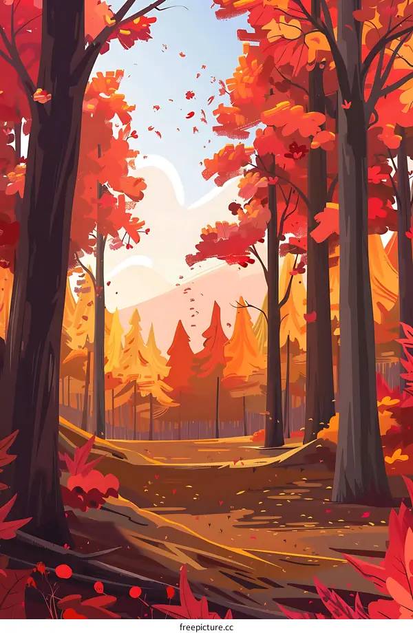 Autumn Forest Landscape with Red and Yellow Trees
