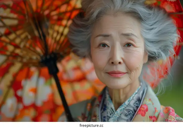 Portrait of a beautiful elderly Japanese woman in traditional kimono holding a red umbrella