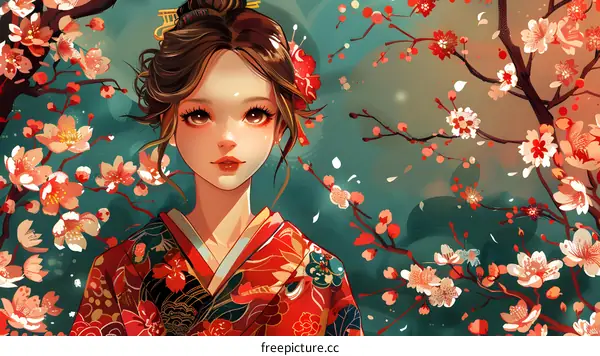 An illustration of a beautiful woman in a red kimono standing in a field of cherry blossoms.