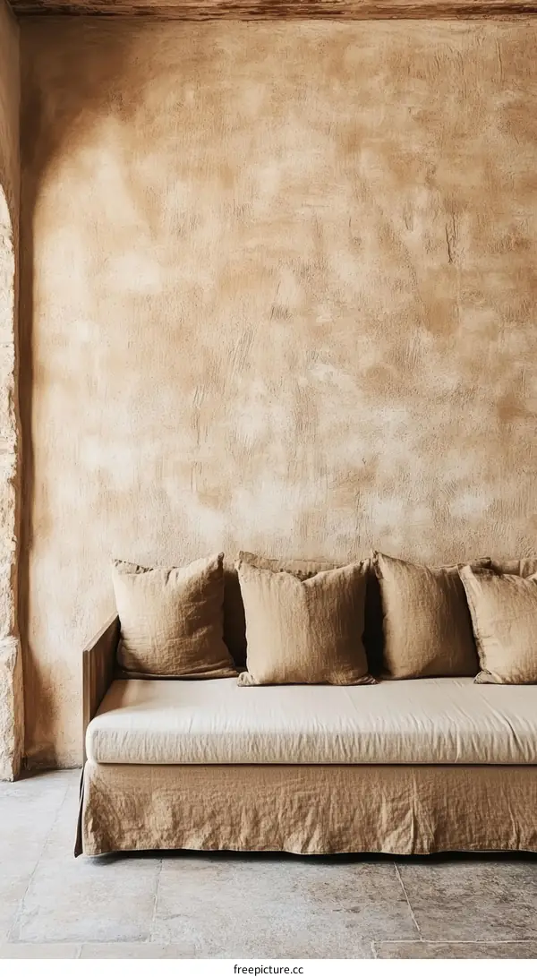 Beige Sofa Against a Tan Wall in a Rustic Style Interior