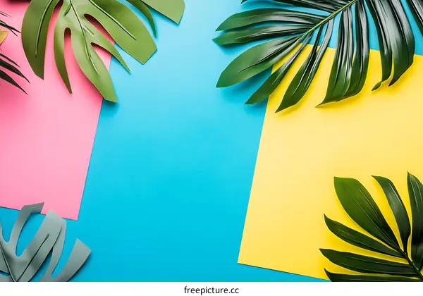 Tropical Leaves on Blue Background with Yellow and Pink Paper