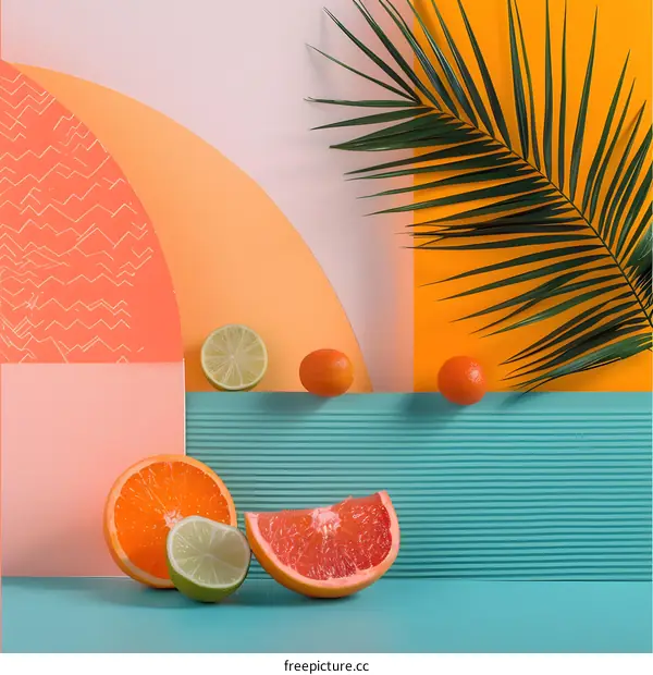 Summer Fruit Still Life with Palm Leaf and Colorful Background