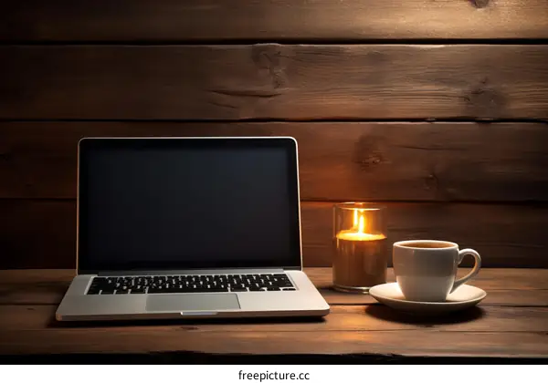 A laptop, a cup of coffee, and a candle on a wooden table