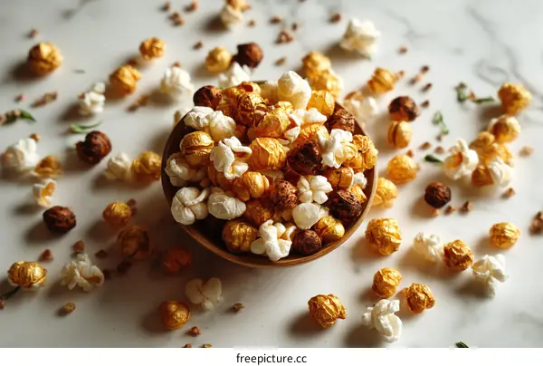 Golden and White Popcorn in Wooden Bowl