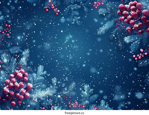 Christmas and New Year's Winter Background with Red Berries and Snowflakes