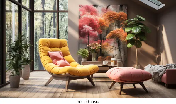 Modern Living Room with Pink and Orange Forest Painting