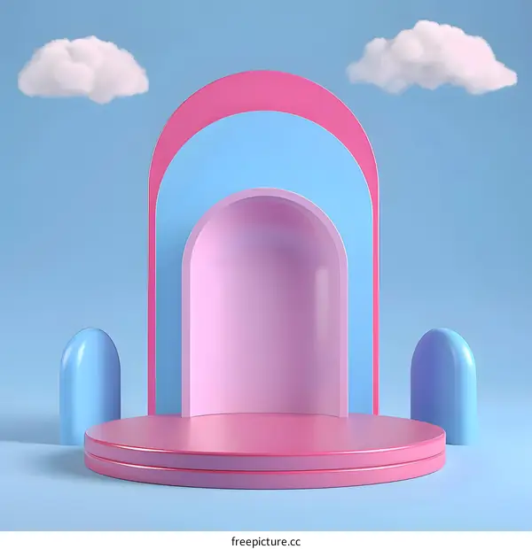 Abstract Pastel Pink Blue 3D Podium with Archway and Clouds