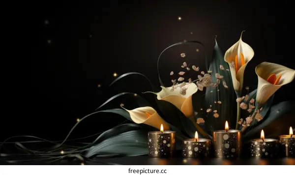 Elegant calla lilies and candles on a black background