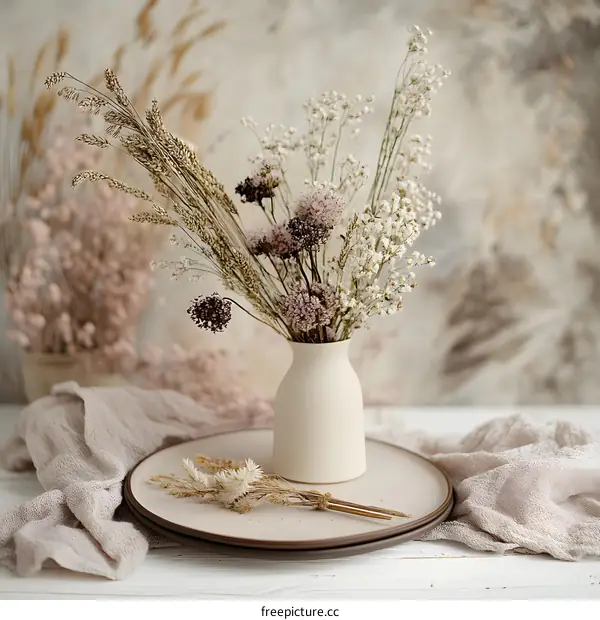 Dried Flowers in a White Vase with a Beige Background