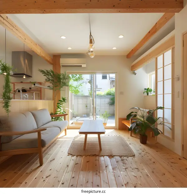 Modern Japanese Style Living Room With Wooden Beams And Natural Light