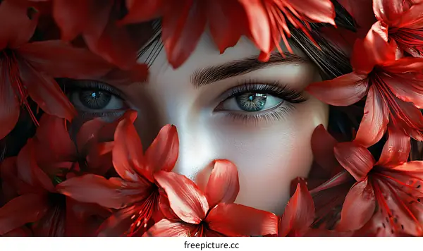 Close Up Portrait of a Woman Surrounded by Red Flowers
