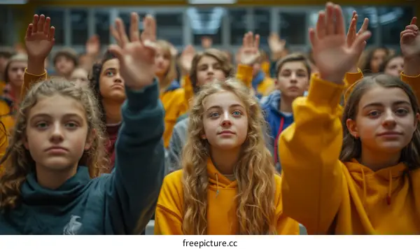 Students raising their hands in class