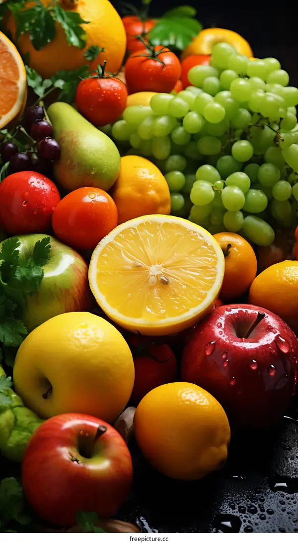 Vibrant Fruits and Vegetables Arranged on a Dark Canvas