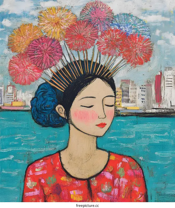 Woman with Flowers in Her Hair by the Sea