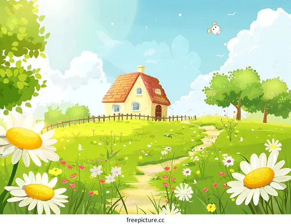 Cute Cottage In Green Field With Flowers