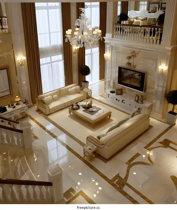 Luxury Living Room Interior Design with Beige Marble Flooring and a Crystal Chandelier