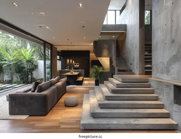 Modern Home with Concrete Staircase, Hardwood Floor and Minimalist Interior