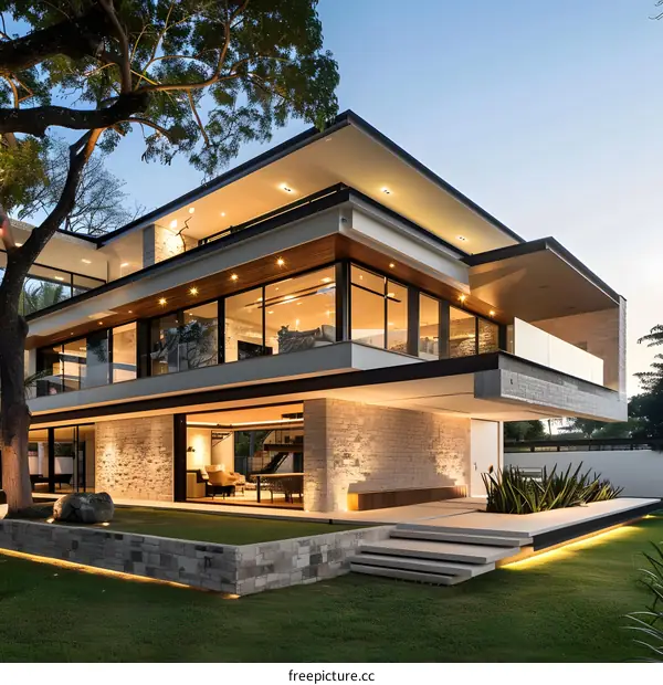 Modern House with Large Windows and Stone Exterior