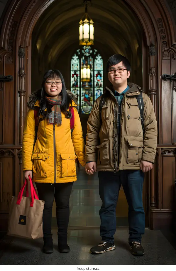 Couple Holding Hands In Front Of A Stained Glass Window