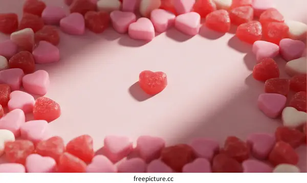 Heart-shaped candies arranged in a circle on pink background