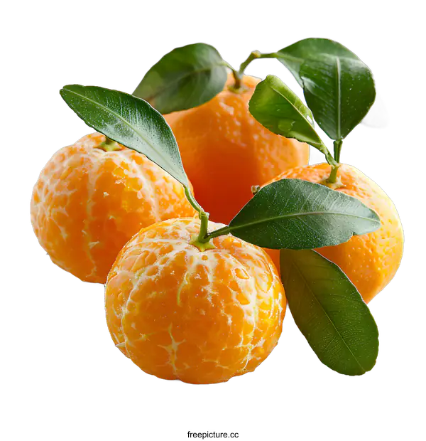 [Transparent Background PNG]Four peeled and one unpeeled mandarin oranges with leaves on a white background