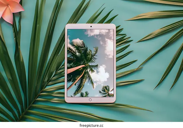 Palm Trees on Tablet Screen with Green Leaves
