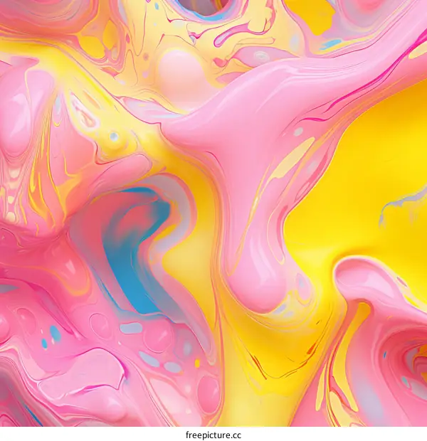 Colorful abstract painting with pink, yellow, blue, and white