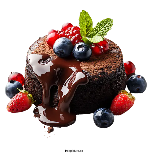 [Transparent Background PNG]Delicious Chocolate Lava Cake with Fresh Berries