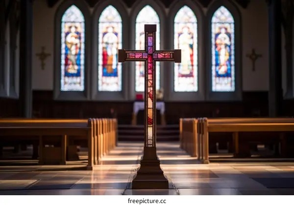 Stained Glass Church Altar with Cross