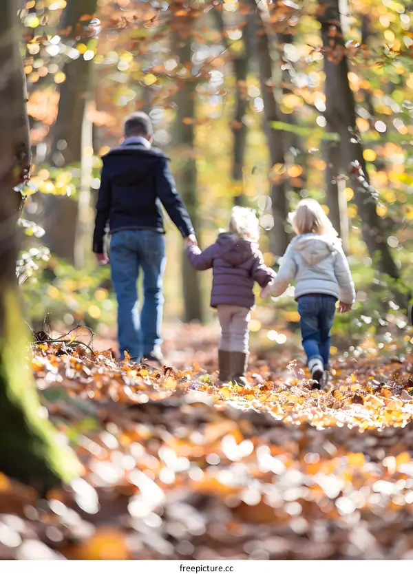 Family Hiking Through Autumn Forest