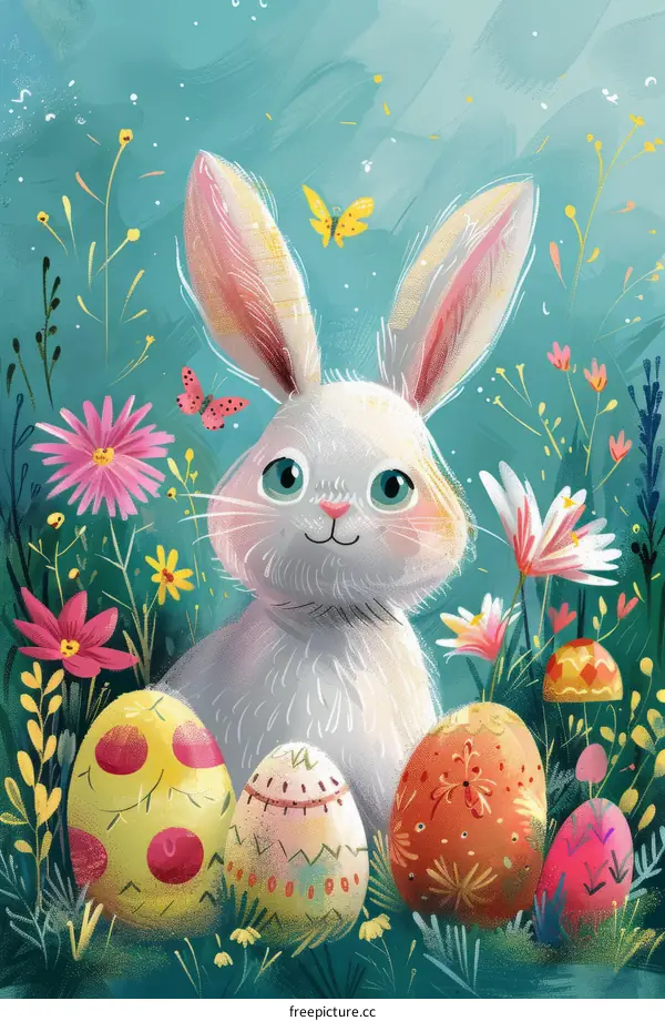 Cute White Rabbit in a Field of Easter Eggs and Flowers