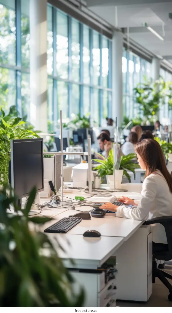 A businesswoman working at her desk in a modern office
