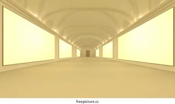 Empty Gallery Corridor with White Walls and Blank Canvases