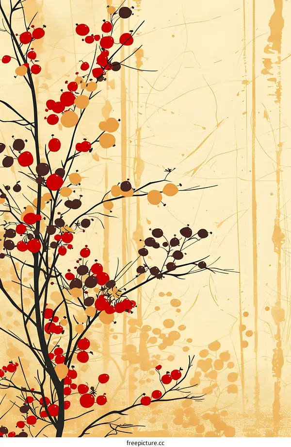 Abstract Art Branch with Red and Yellow Berries